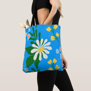 Summer Flower Bouquet on Blue Tote Bag