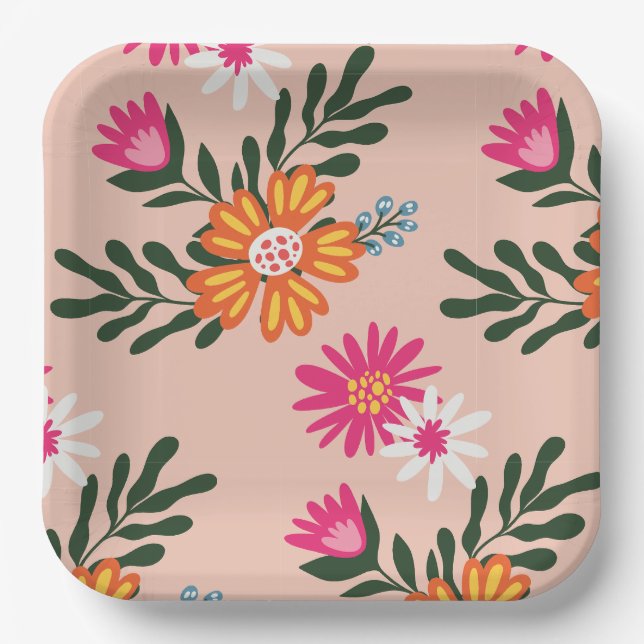Summer Flower Bouquet On Pink Paper Plates (Front)