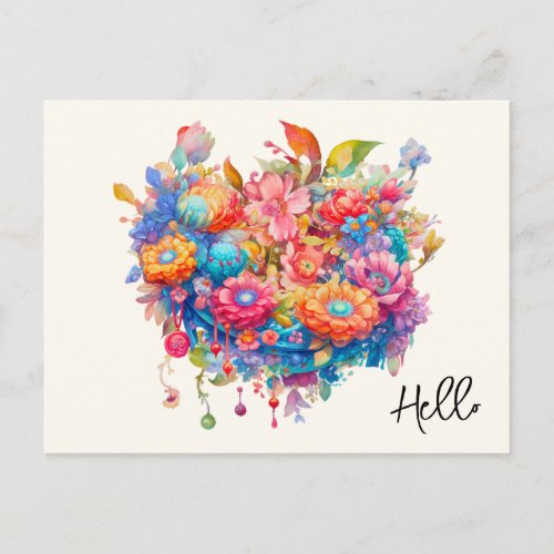 Summer Flower Bouquet Whimsical Boho Hello Postcard