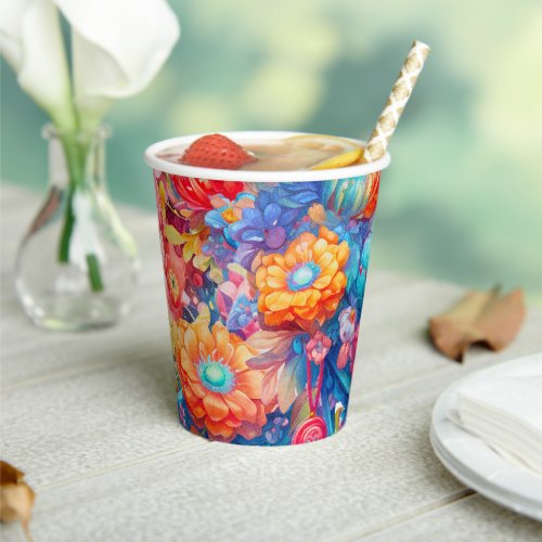 Summer Flower Bouquet Whimsical Boho Paper Cups