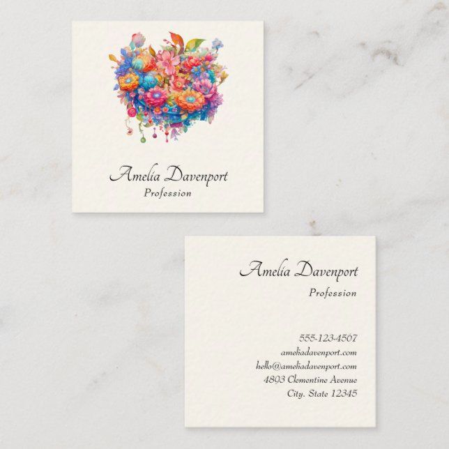 Summer Flower Bouquet Whimsical Boho Square Business Card (Front/Back)