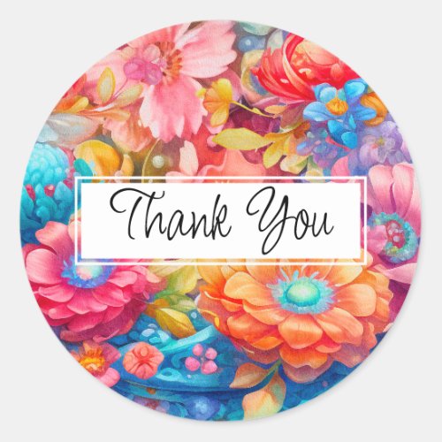 Summer Flower Bouquet Whimsical Boho Thank You Classic Round Sticker