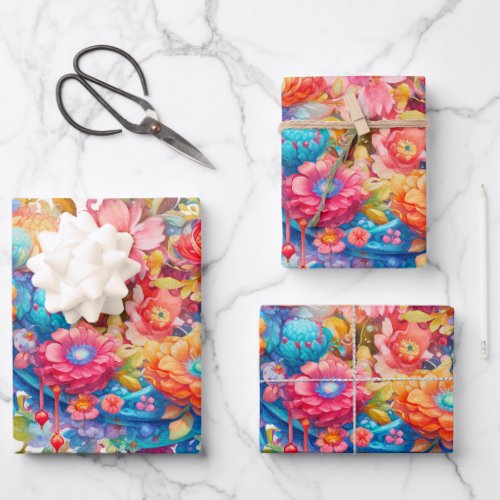 Summer Flower Bouquet Whimsical Boho Wrapping Paper Sheets