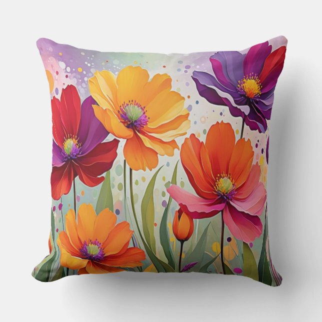 Summer Flower Garden Watercolor  Throw Pillow (Front)