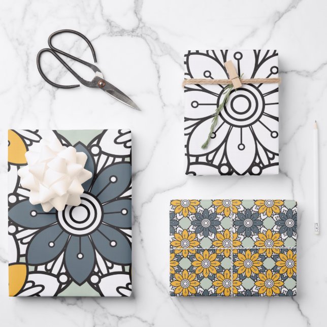 Summer Flower Pattern Yellow Grey Wrapping Paper Sheets (Front)