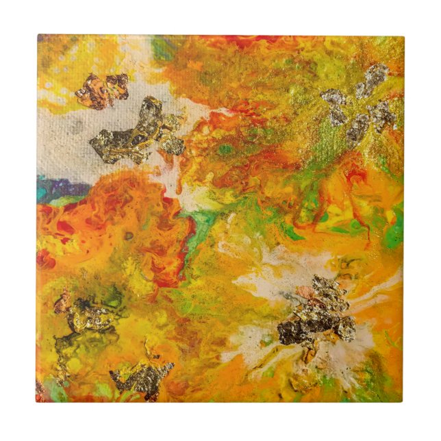 Summer Flowers abstract Orange Gold Yellow  Ceramic Tile (Front)