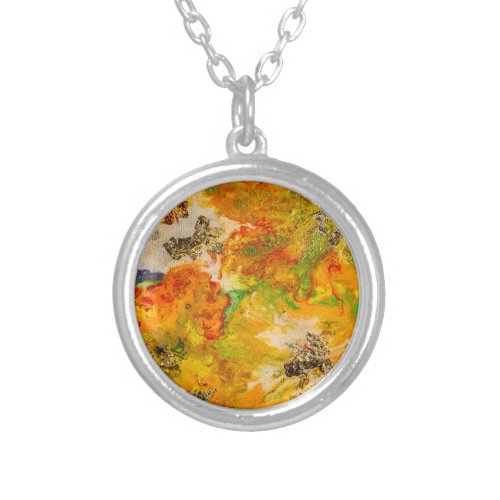 Summer Flowers abstract Orange Gold Yellow  Silver Plated Necklace