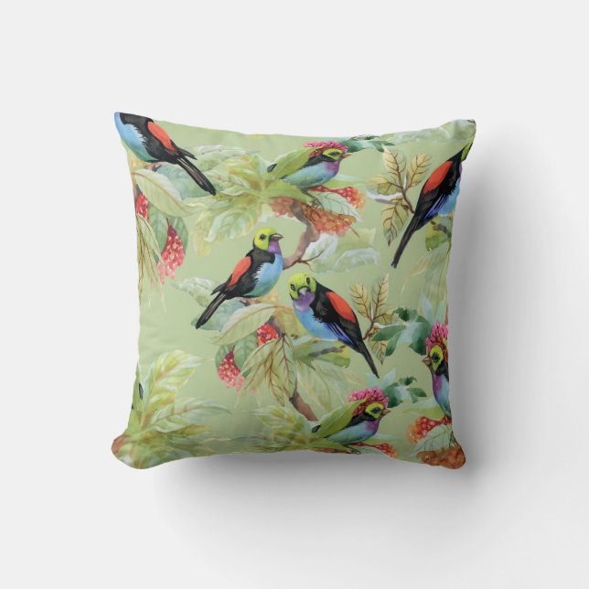 Summer Flowers Birds: Tropical Pattern Throw Pillow (Front)