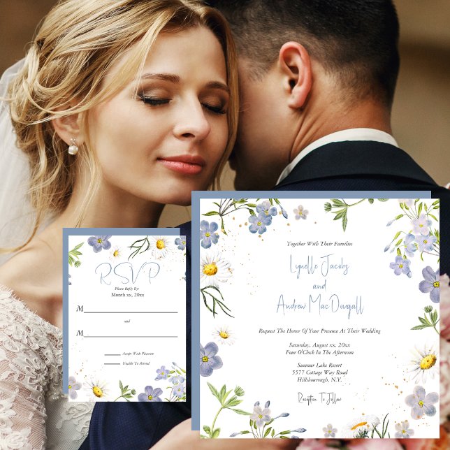 Summer Flowers Blue Wedding Invitation (Summer Flowers Blue Wedding Invitation and RSVP Card)