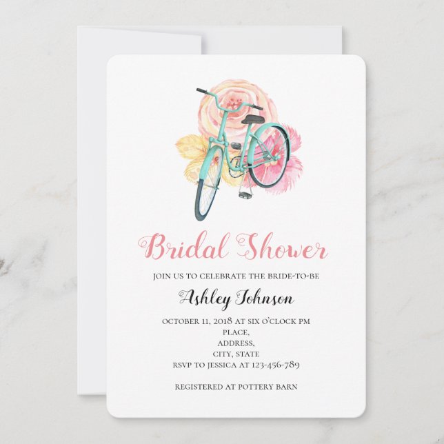 Summer flowers bridal shower invitation. Bicycle Invitation (Front)