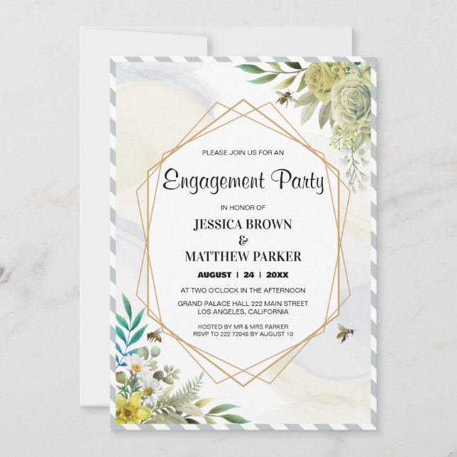 Summer Flowers Golden Frame Engagement  Invitation (Front)