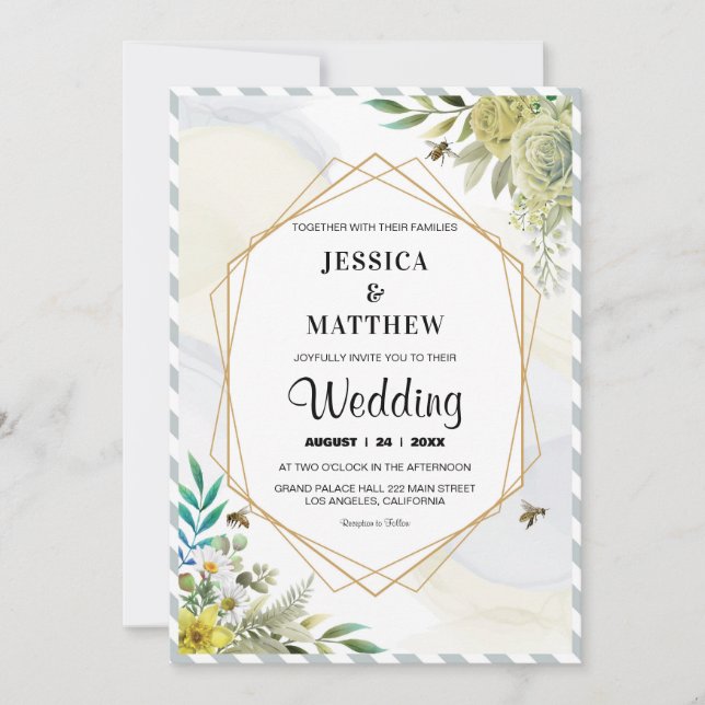 Summer Flowers Golden Frame  Wedding Invitation (Front)