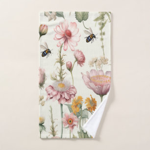 Summer Flowers Greenery Bumble Bees Bath Towel Set