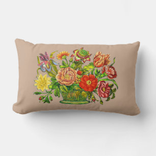 Summer Flowers in a Basket, Beige Background Lumbar Pillow