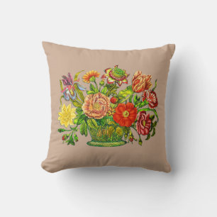 Summer Flowers in a Basket, Beige Background Throw Pillow
