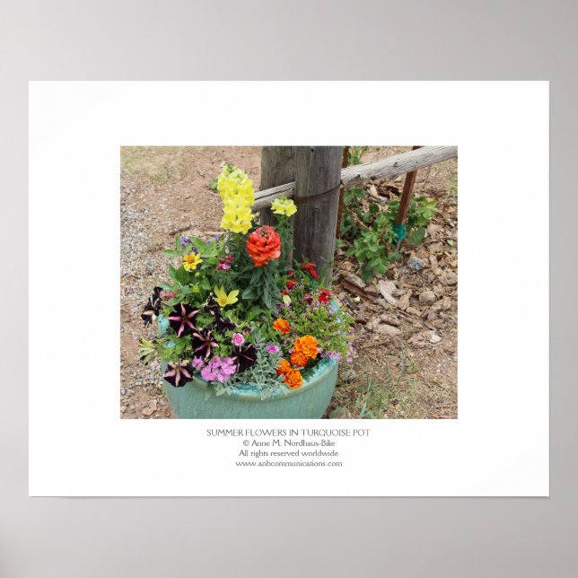 Summer Flowers in Turquoise Pot Poster (Front)