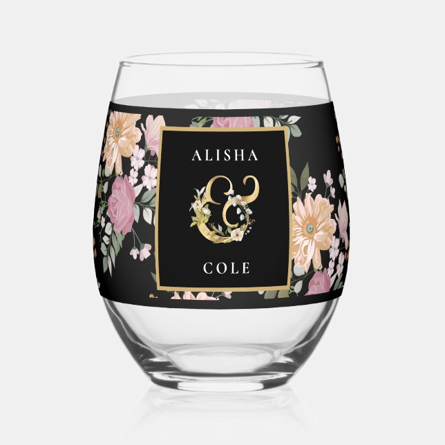 Summer Flowers on Black Wedding Stemless Wine Glass (Front)