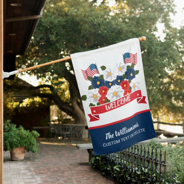 Summer Flowers, Patriotic USA Flag, Custom Welcome House Flag (In SItu)