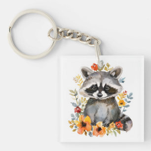 Summer Flowers Raccoon Watercolor Keychain