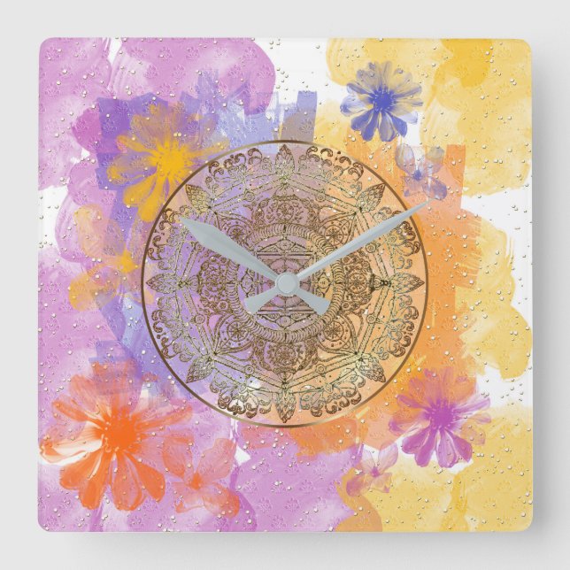 Summer Flowers Square Wall Clock (Front)