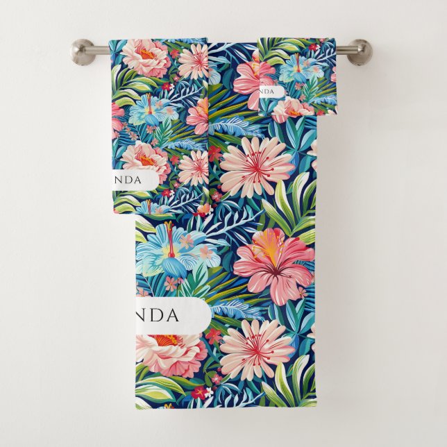 Summer Flowers Tropical Floral Pattern Leaves Bath Towel Set (Insitu)
