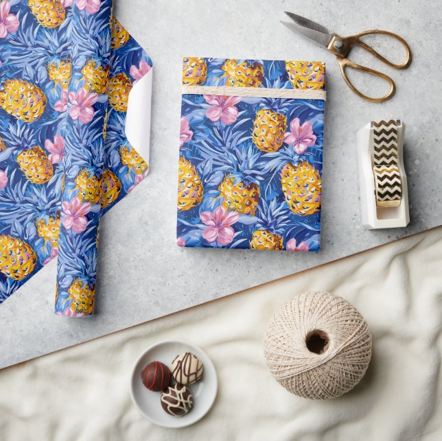 Summer Flowers Tropical Pineapple Floral Pattern Wrapping Paper (Crafts)