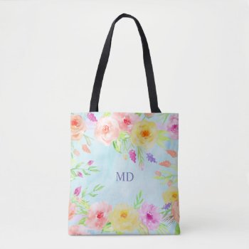 Summer Flowers Watercolor Pastel Blue Customizable Tote Bag by funny_tshirt at Zazzle