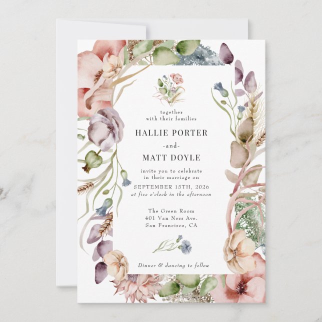 Summer Flowers Wild Flowers  Elegant Boho Wedding Invitation (Front)