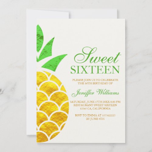 Summer Foil Gold Geometric Pineapple  Sweet 16 Invitation