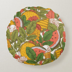 Summer food seamless pattern. Sanwiches,ice cream Round Pillow
