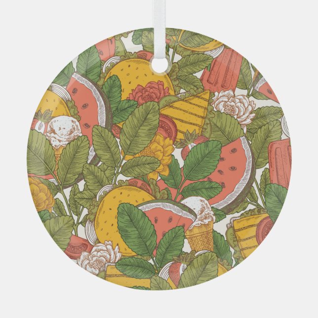 Summer Food Vintage Illustration Pattern Glass Ornament (Front)