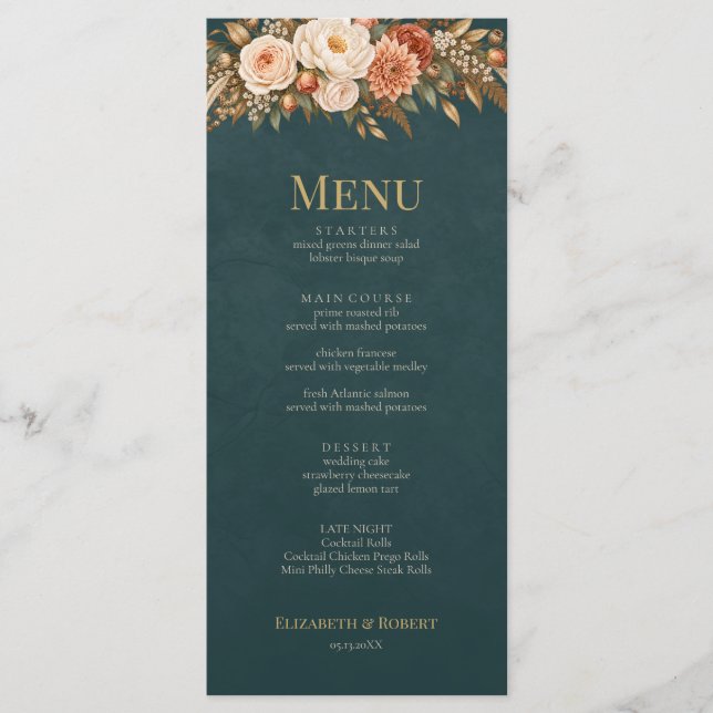 Summer Forest Witch Teal Wedding Menu (Front)