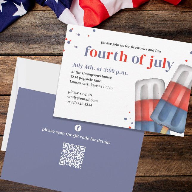 Summer Fourth of July Popsicle Custom Invitation (Fourth of July party invitation with red, white, and blue popsicles. )