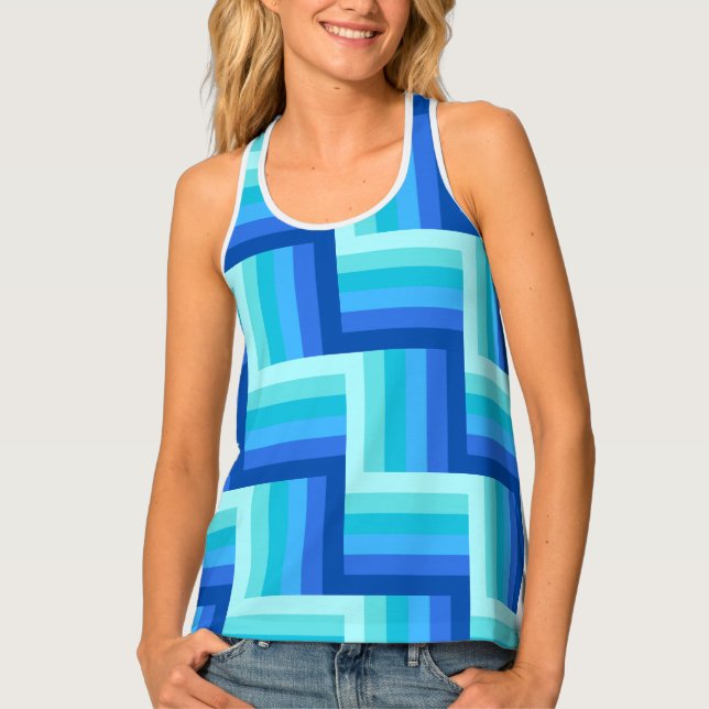 Summer Fresh Blue Striped Zig Zag Pattern Tank Top (Front)