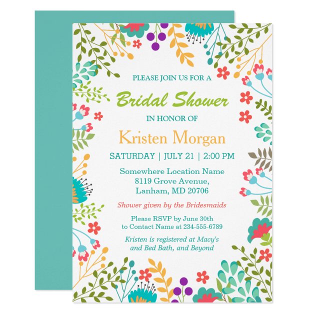 Summer Fresh Floral Teal Blue Bridal Shower Invitation