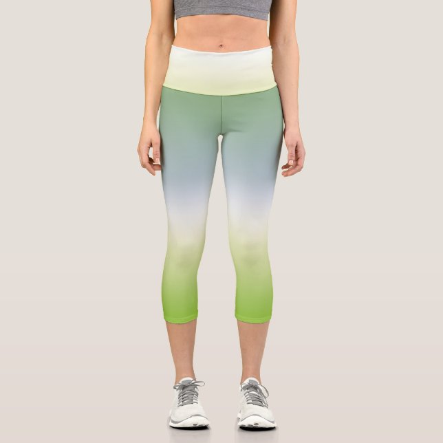 Summer Fresh Gradient Cool Blue Green Ombre Capri Leggings (Front)
