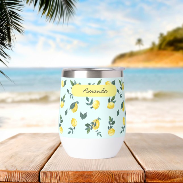 Summer Fresh Watercolour Lemons Custom Name  Thermal Wine Tumbler (Beach)