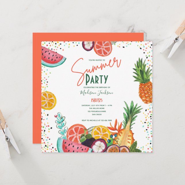 Summer Fruit Birthday Party Watermelon & Pineapple Invitation (Front/Back In Situ)