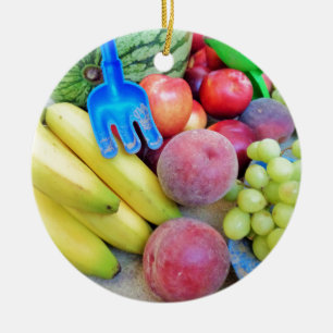 Summer Fruit, Food, Melon, Grapes, Peaches, Banana Ceramic Ornament