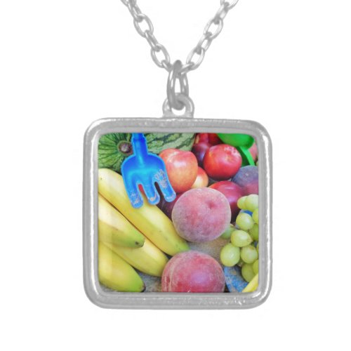 Summer Fruit Food Melon Grapes Peaches Banana Silver Plated Necklace