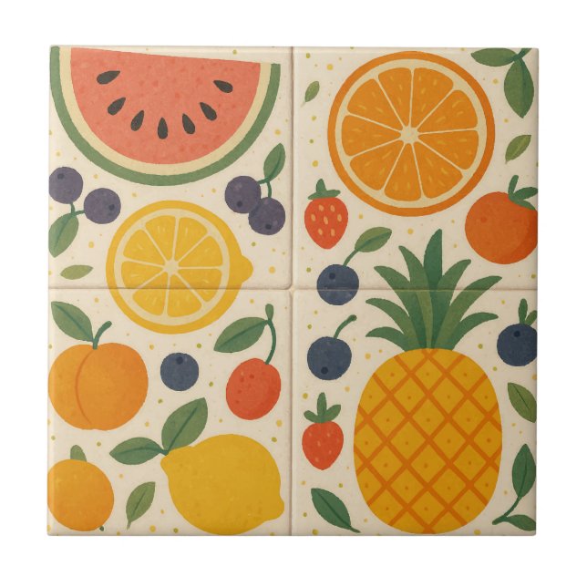 Summer Fruit Harmony – Watercolor Ceramic Tile (Front)