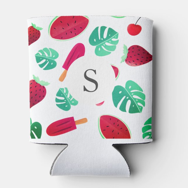 Summer Fruit & Palm Leaf | Monogram Can Cooler (Back)