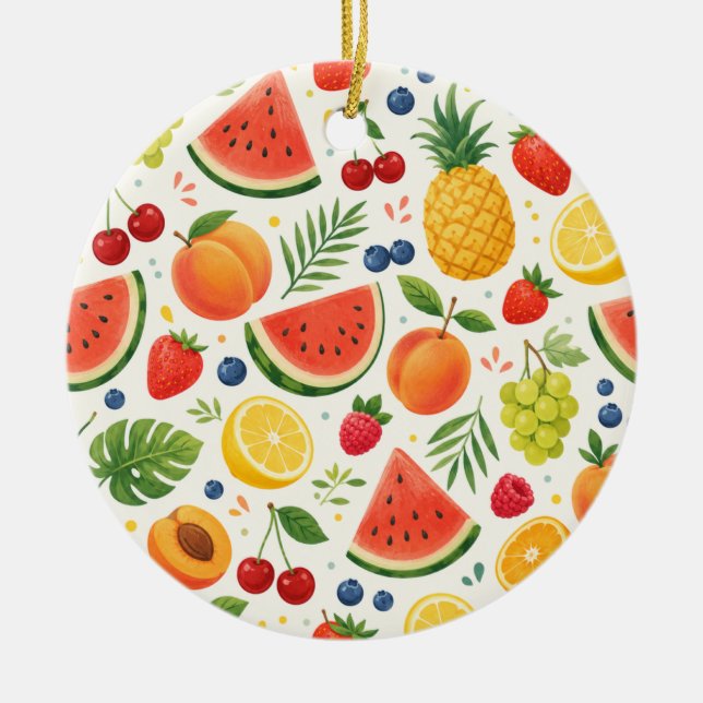 Summer Fruit Pattern Fabric | Tropical Watermelon  Ceramic Ornament (Front)