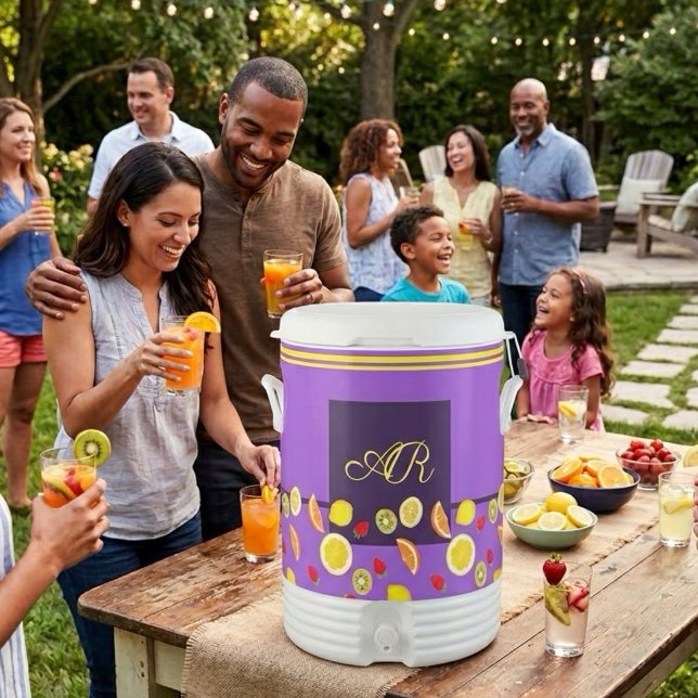 Summer Fruit Pattern Purple Custom Monogram Igloo Beverage Cooler (Creator Uploaded)