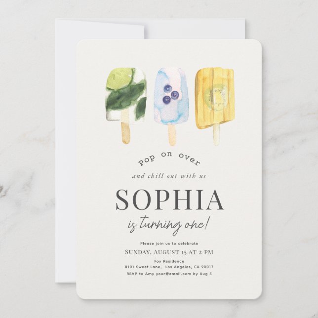 Summer Fruit Popsicle Watercolor 1st Birthday Invitation (Front)