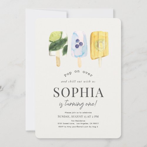 Summer Fruit Popsicle Watercolor 1st Birthday Invitation