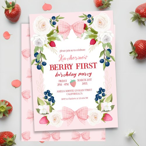 Summer fruit strawberries berry first Birthday Invitation