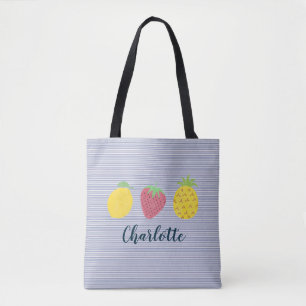 Summer Fruit Trio with Navy Pinstripe Tote Bag