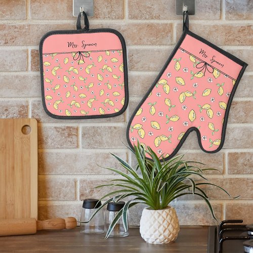 Summer Fruit Vintage Pink Lemon Cottage Core Oven Mitt  Pot Holder Set