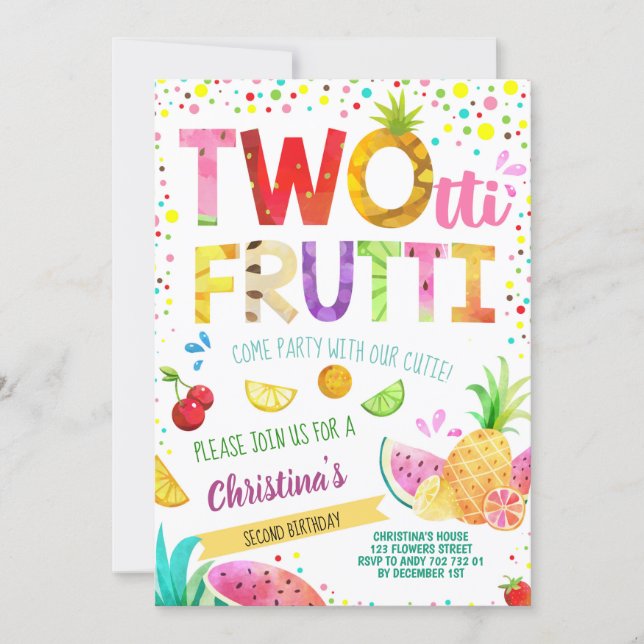Summer Fruits 2nd Girl Birthday Twotti Frutti Cute Invitation (Front)